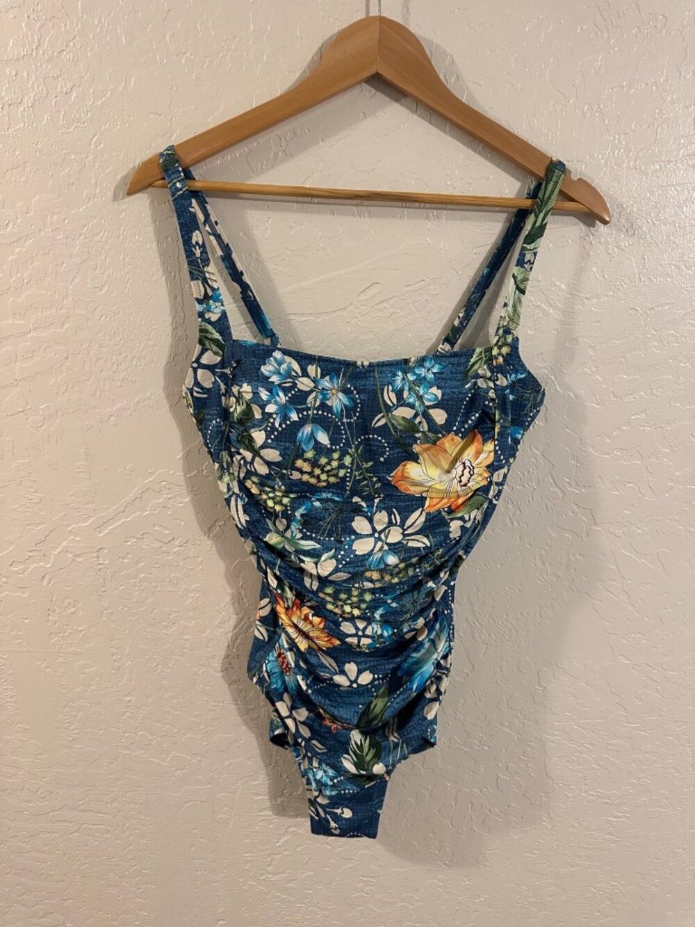 Johnny Was XL Floral One Piece Ruched Ciaga Square Neck Hawaiian Swimsuit - Picture 2 of 11